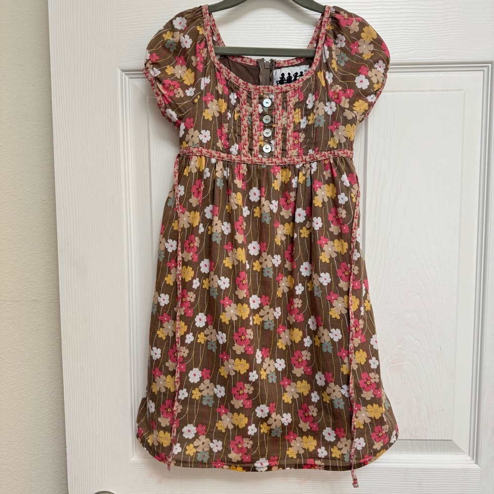 Floral Dress, Button and tie-back Detail Brown, Pink, Yellow, 100% cotton lining